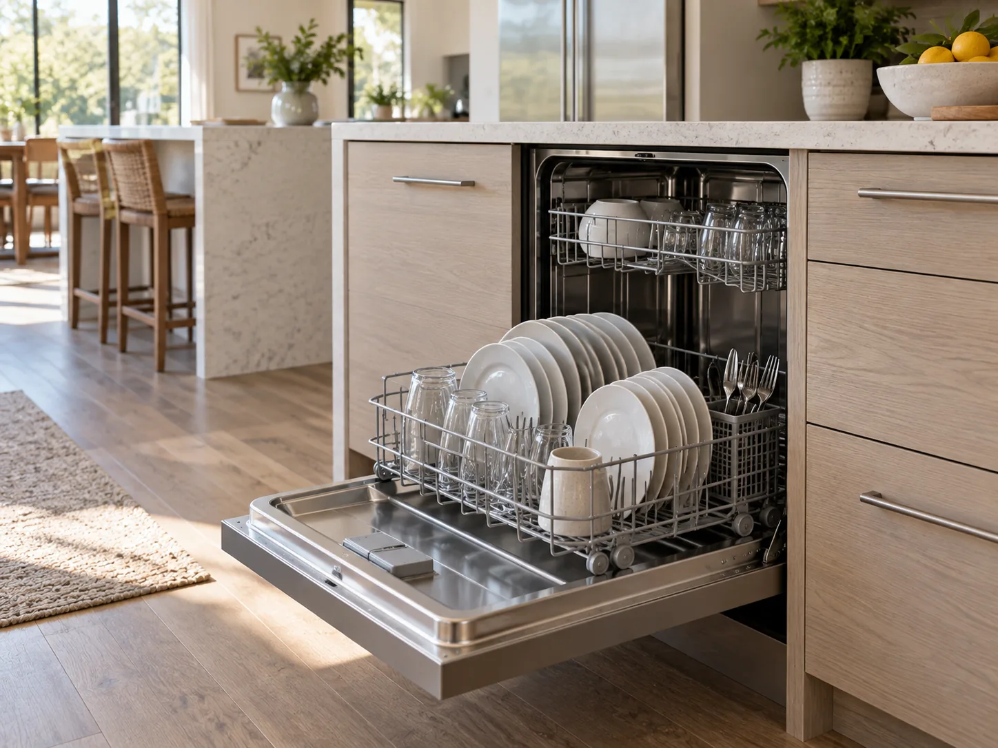 A built-in stainless steel dishwasher open under a kitchen island, its lower rack pulled out and loaded with clean plates and glasses.