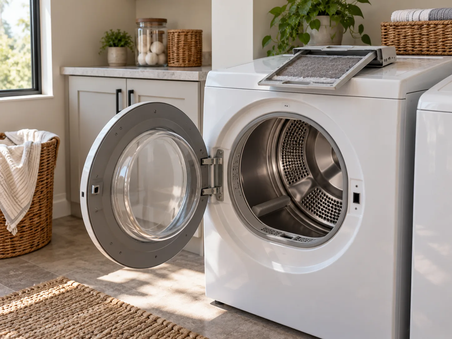 A front-loading clothes dryer in a laundry room with its door open and the lint screen drawn out onto the top panel.