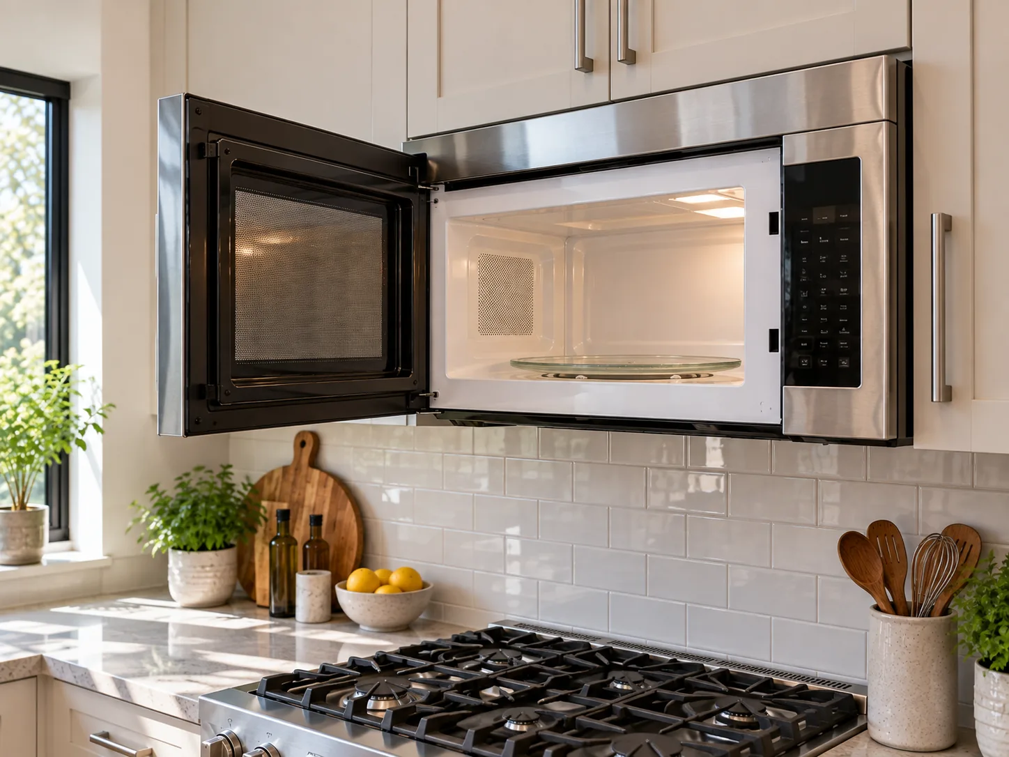 A stainless steel over-the-range microwave above a gas cooktop, its door open on a clean glass turntable.