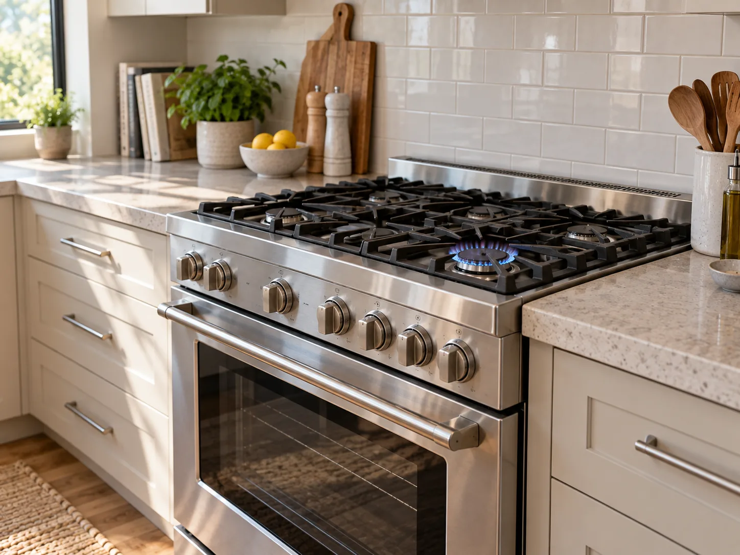 A stainless steel gas range in a home kitchen with heavy cast-iron grates and one front burner lit.