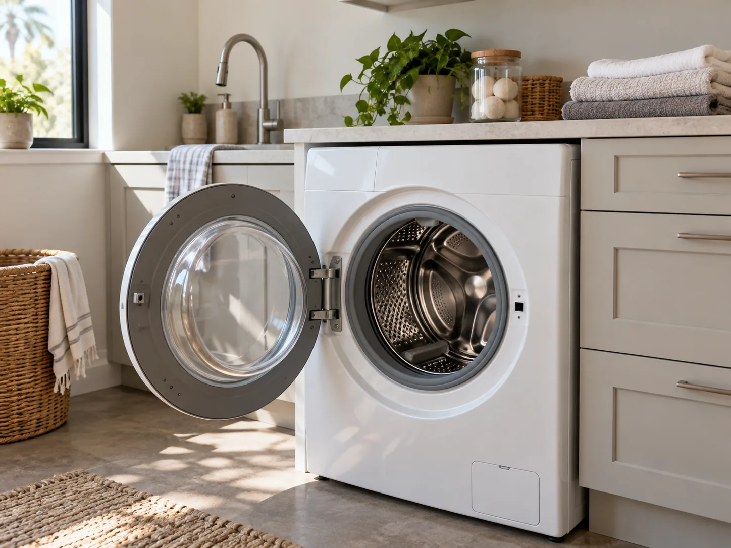 A white front-loading washing machine in a laundry room with its door open, showing the empty drum and the door seal.
